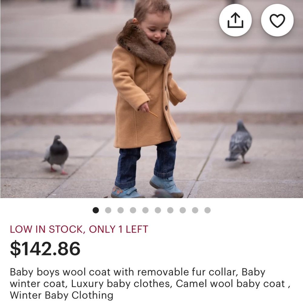 Baby boys wool coat with removable fur collar, Baby winter coat, Luxury baby